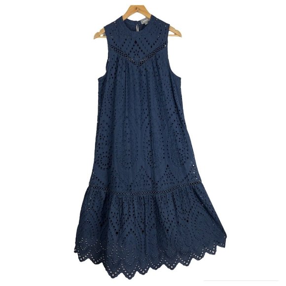 New Sussan Women’s Midi Dress Navy Blue Broderie Scallop Hem Cotton Size L 14 - Picture 4 of 10